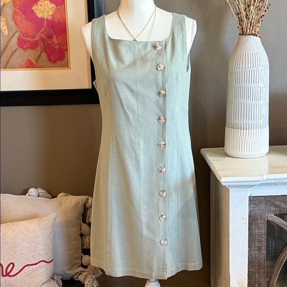 GILLI Green Linen Blend Button-Front Sleeveless Dress Size M Minimalist